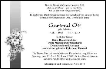 Traueranzeige von Gertrud Ott von Südthüringer Presse