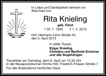 Traueranzeige von Rita Knieling von Frankenpost