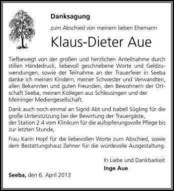 Traueranzeige von Klaus-Dieter Aue von Südthüringer Presse