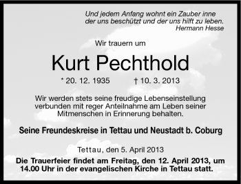 Traueranzeige von Kurt Pechthold von Neue Presse Coburg