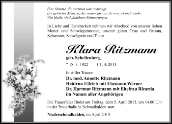Traueranzeige von Klara Ritzmann von Südthüringer Presse