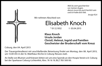 Traueranzeige von Elisabeth Knoch von Neue Presse Coburg
