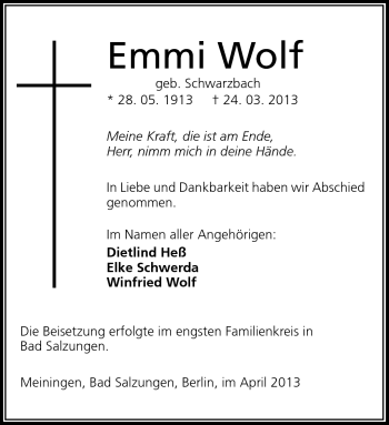 Traueranzeige von Emmi Wolf von Südthüringer Presse