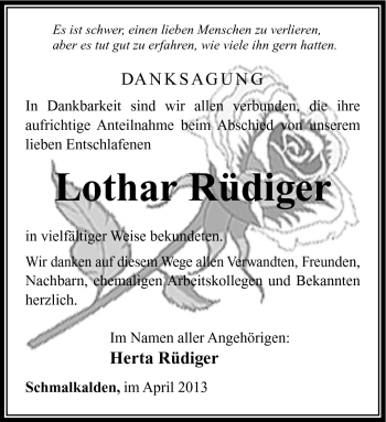 Traueranzeige von Lothar Rüdiger von Südthüringer Presse