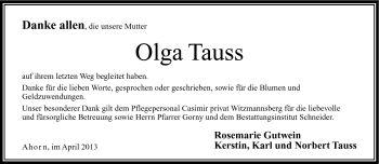 Traueranzeige von Olga Tauss von Neue Presse Coburg