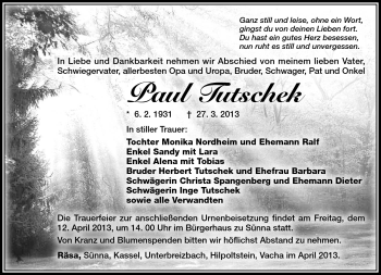 Traueranzeige von Paul Tutschek von Südthüringer Presse