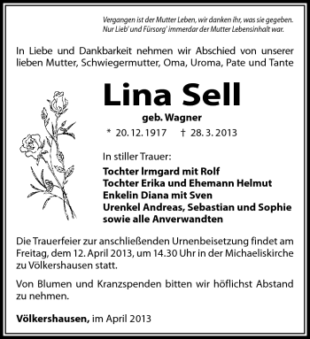 Traueranzeige von Lina Sell von Südthüringer Presse