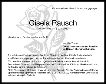 Traueranzeige von Gisela Rausch von Frankenpost