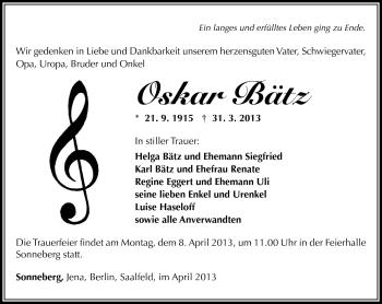 Traueranzeige von Oskar Bätz von Südthüringer Presse