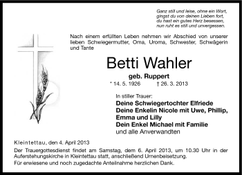 Traueranzeige von Betti Wahler von Neue Presse Coburg