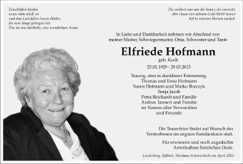 Traueranzeige von Elfriede Hofmann von Südthüringer Presse