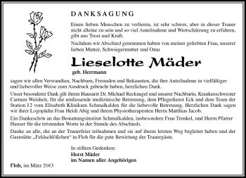 Traueranzeige von Lieselotte Mäder von Südthüringer Presse