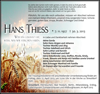 Traueranzeige von Hans Thiess von Südthüringer Presse