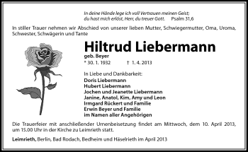 Traueranzeige von Hildtrud Liebermann von Südthüringer Presse
