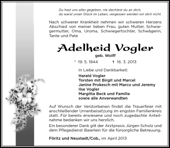 Traueranzeige von Adelheid Vogler von Südthüringer Presse