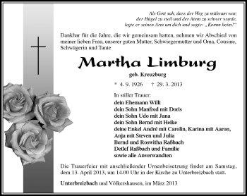 Traueranzeige von Martha Limburg von Südthüringer Presse