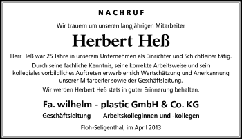 Traueranzeige von Herbert Heß von Südthüringer Presse