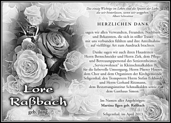 Traueranzeige von Lore Raßbach von Südthüringer Presse
