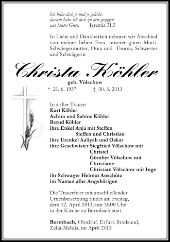 Traueranzeige von Christa Köhler von Südthüringer Presse