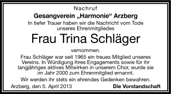 Traueranzeige von Trina Schläger von Frankenpost