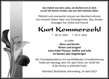 Traueranzeige von Kurt Kemmerzehl von Südthüringer Presse