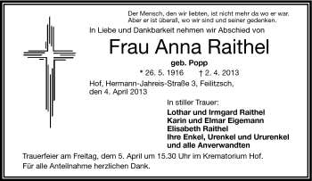 Traueranzeige von Anna Raithel von Frankenpost