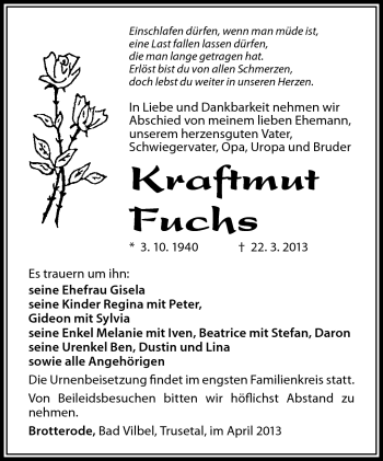 Traueranzeige von Kraftmuth Fuchs von Südthüringer Presse