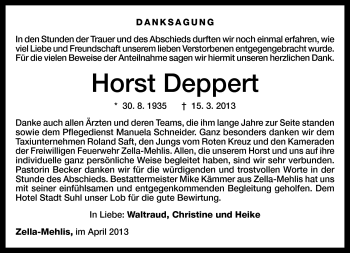 Traueranzeige von Horst Deppert von Südthüringer Presse