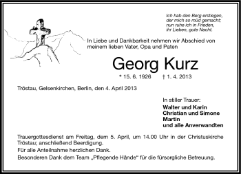 Traueranzeige von Georg Kurz von Frankenpost