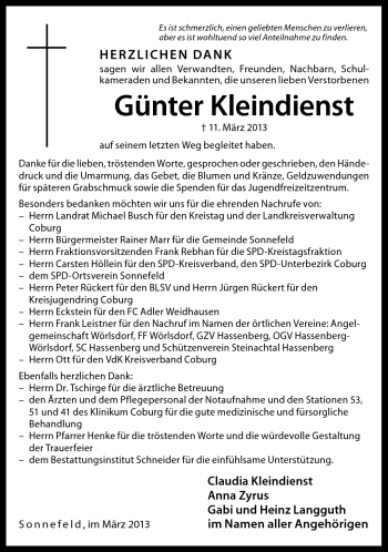 Traueranzeige von Günter Kleindienst von Neue Presse Coburg