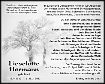 Traueranzeige von Lieselotte Hermann von Südthüringer Presse