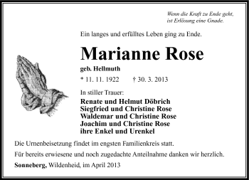 Traueranzeige von Marianne Rose von Südthüringer Presse
