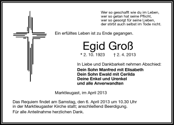 Traueranzeige von Egid Groß von Frankenpost