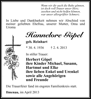 Traueranzeige von Hannelore Göpel von Südthüringer Presse