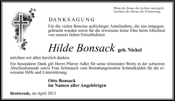 Traueranzeige von Hilde Bonsack von Südthüringer Presse