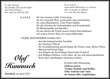 Traueranzeige von Olaf Hannusch von Südthüringer Presse