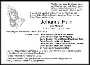 Traueranzeige von Johanna Hain von Frankenpost