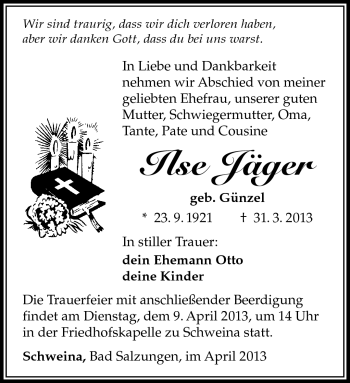 Traueranzeige von Ilse Jäger von Südthüringer Presse