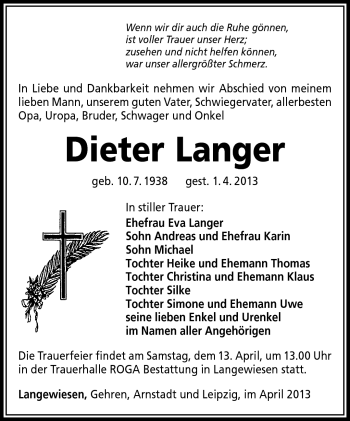 Traueranzeige von Dieter Langer von Südthüringer Presse