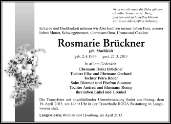 Traueranzeige von Rosemarie Brückner von Südthüringer Presse