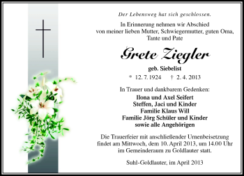 Traueranzeige von Grete Ziegler von Südthüringer Presse