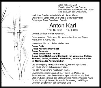 Traueranzeige von Anton Karl von Frankenpost