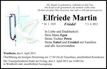 Traueranzeige von Elfriede Martin von Neue Presse Coburg
