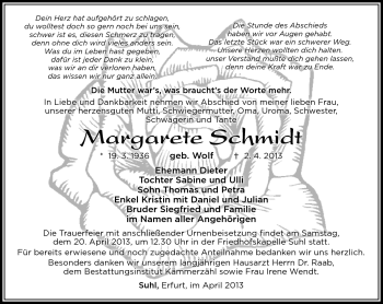 Traueranzeige von Margarete Schmidt von Südthüringer Presse