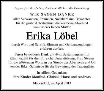 Traueranzeige von Erika Löbel von Südthüringer Presse