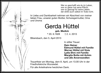 Traueranzeige von Gerda Hüttel von Frankenpost