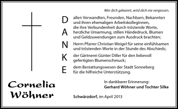 Traueranzeige von Cornelia Wöhner von Südthüringer Presse