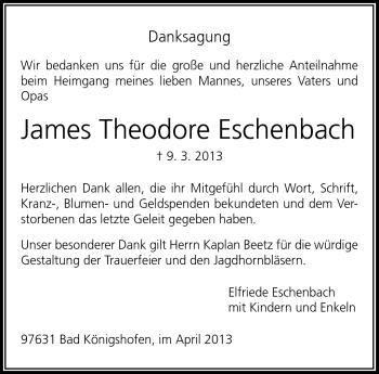 Traueranzeige von James Theodore Eschenbach von Südthüringer Presse