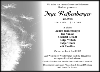Traueranzeige von Inge Reißenberger von Neue Presse Coburg