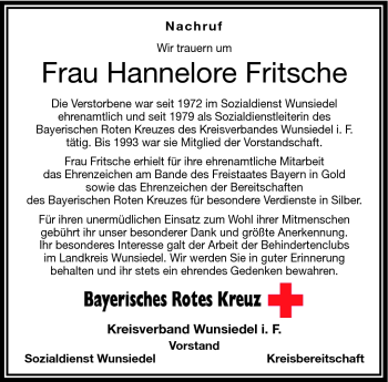 Traueranzeige von Hannelore Fritsche von Frankenpost